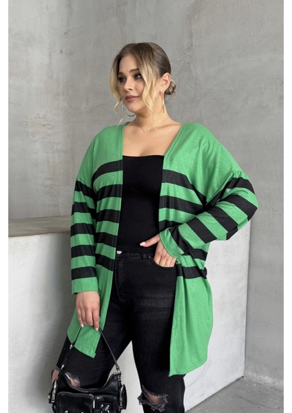 Büyük Beden Midi Boy Uzun Kollu Çizgili Ince Hırka 301568