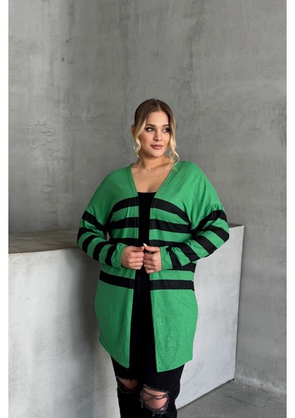 Büyük Beden Midi Boy Uzun Kollu Çizgili Ince Hırka 301568 fırsatları