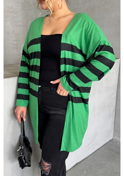 Büyük Beden Midi Boy Uzun Kollu Çizgili Ince Hırka 301568