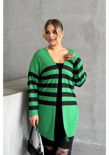 Büyük Beden Midi Boy Uzun Kollu Çizgili Ince Hırka 301568