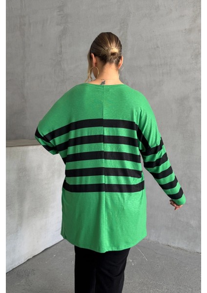 Büyük Beden Midi Boy Uzun Kollu Çizgili Ince Hırka 301568