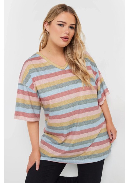 Büyük Beden V Yaka Kısa Kollu Çizgili T-Shirt 303524