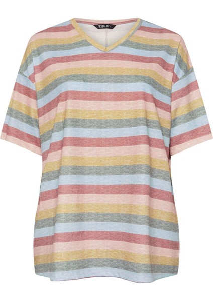Büyük Beden V Yaka Kısa Kollu Çizgili T-Shirt 303524 indirimleri