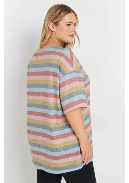 Büyük Beden V Yaka Kısa Kollu Çizgili T-Shirt 303524