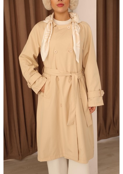 Kadın Taş Fular Detaylı Kuşaklı Uzun Trençkot indirimleri