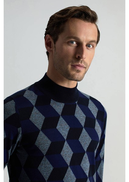 Merino Yünü Baklava Desen Lupetto Yaka Lacivert Triko fiyatları