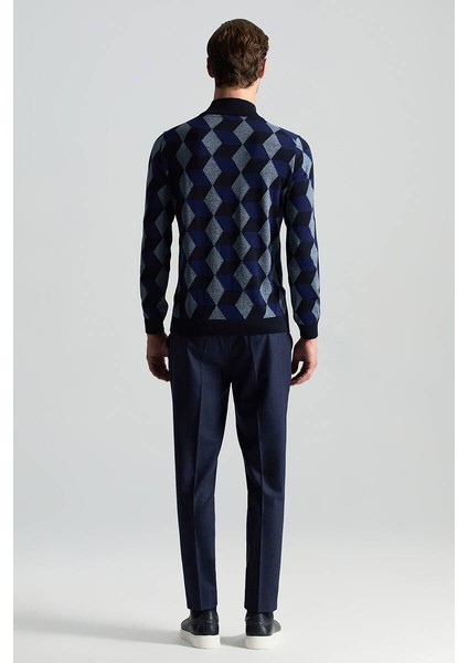 Merino Yünü Baklava Desen Lupetto Yaka Lacivert Triko modelleri