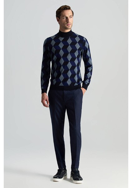 Merino Yünü Baklava Desen Lupetto Yaka Lacivert Triko indirimleri