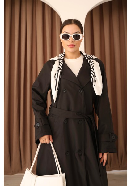 Kadın Siyah Fular Detaylı Kuşaklı Uzun Trençkot modelleri