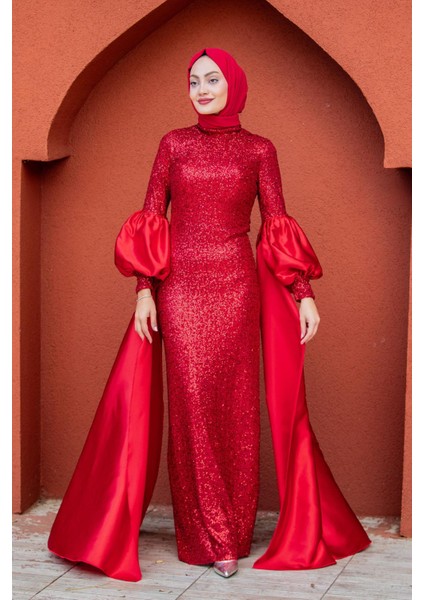 Celine Seyyar Pelerinli Balon Kol Abiye-Kırmızı