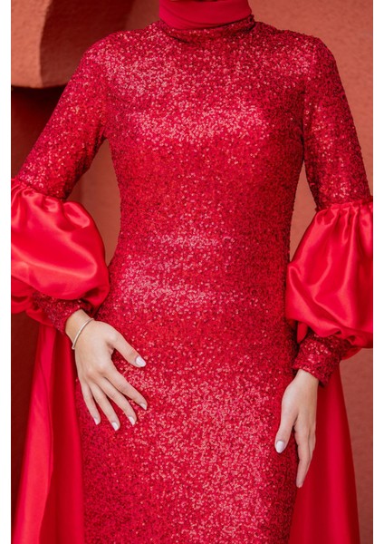 Celine Seyyar Pelerinli Balon Kol Abiye-Kırmızı fiyatları