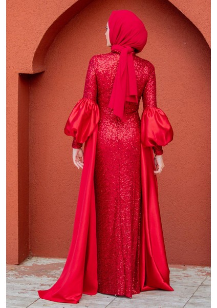 Celine Seyyar Pelerinli Balon Kol Abiye-Kırmızı modelleri