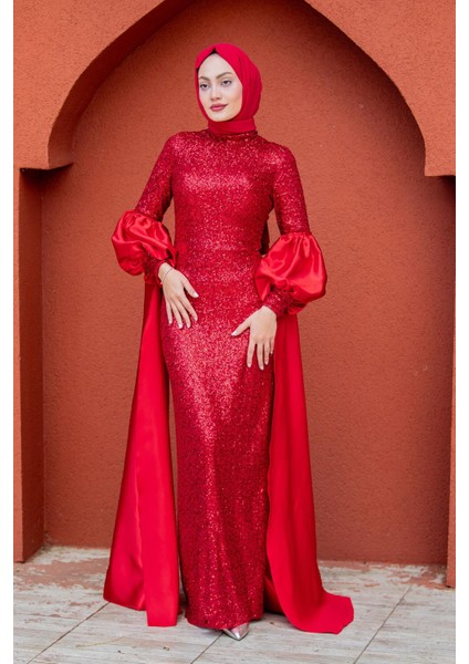 Celine Seyyar Pelerinli Balon Kol Abiye-Kırmızı fırsatları