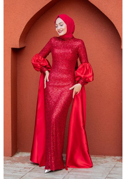 Celine Seyyar Pelerinli Balon Kol Abiye-Kırmızı indirimleri