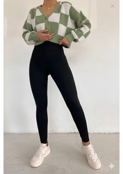 Kadın Siyah Yüksek Bel Toparlayıcı Korseli Interlok Çelik Örme Tayt Iç Göstermez