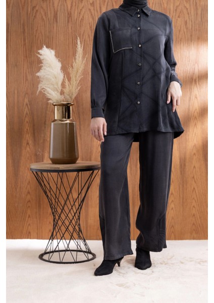 Cebi Taş Detaylı Önü Düğmeli Pantolonlu Takım - Siyah fiyatları