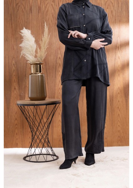 Cebi Taş Detaylı Önü Düğmeli Pantolonlu Takım - Siyah modelleri