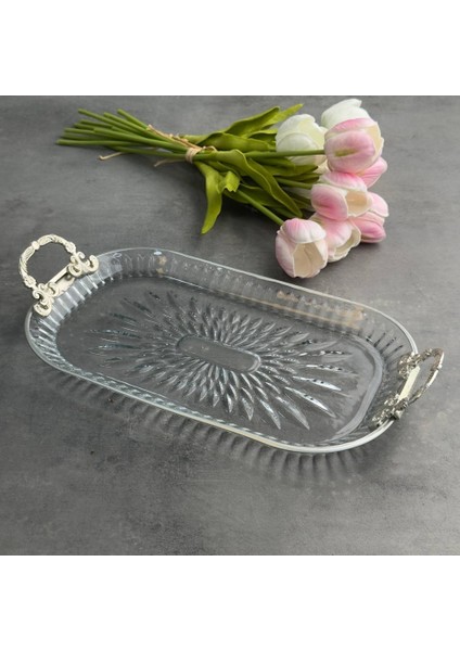 Çırağan Gümüş Cam Kulplu Baton Servis Tepsi Sunumluk 18*30*5cm