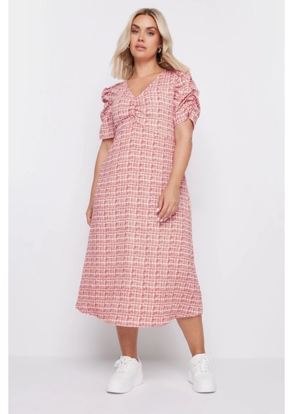 Büyük Beden V Yaka Kolları Drapeli Kare Desenli Midi Boy Elbise 137947