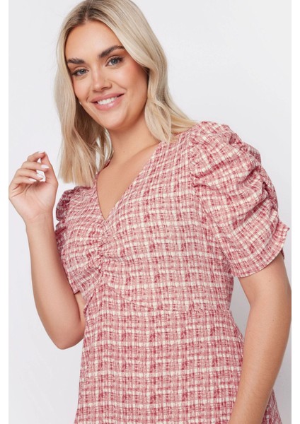 Büyük Beden V Yaka Kolları Drapeli Kare Desenli Midi Boy Elbise 137947 fiyatları