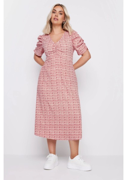 Büyük Beden V Yaka Kolları Drapeli Kare Desenli Midi Boy Elbise 137947 fırsatları