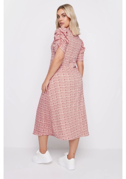 Büyük Beden V Yaka Kolları Drapeli Kare Desenli Midi Boy Elbise 137947 indirimleri