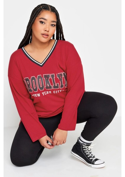 Büyük Beden V Yaka Uzun Kollu Baskılı Oversize T-Shirt 321314