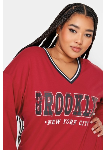 Büyük Beden V Yaka Uzun Kollu Baskılı Oversize T-Shirt 321314 fırsatları