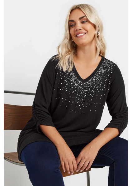 Büyük Beden V Yakası Taş Işlemeli Kolları Büzgülü Bluz 322223