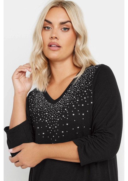 Büyük Beden V Yakası Taş Işlemeli Kolları Büzgülü Bluz 322223 fiyatları