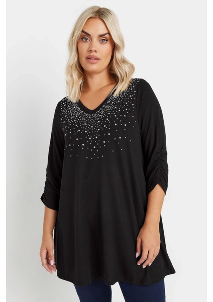 Büyük Beden V Yakası Taş Işlemeli Kolları Büzgülü Bluz 322223 fırsatları