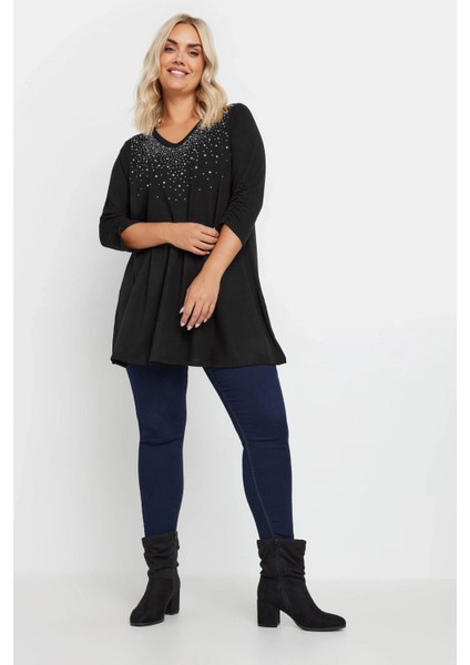 Büyük Beden V Yakası Taş Işlemeli Kolları Büzgülü Bluz 322223 indirimleri