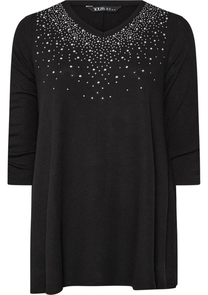 Büyük Beden V Yakası Taş Işlemeli Kolları Büzgülü Bluz 322223