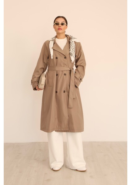 Kadın Vizon Fular Detaylı Kuşaklı Uzun Trençkot fiyatları