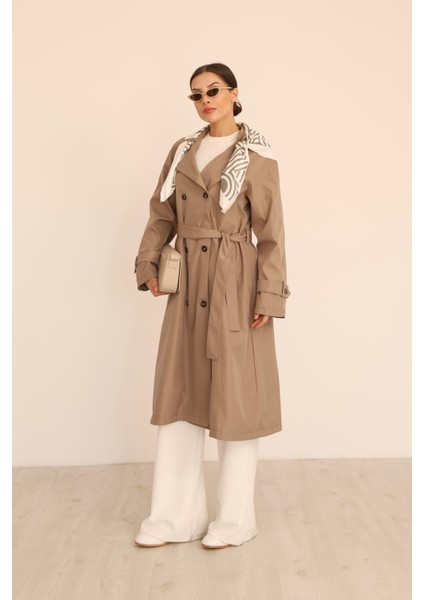 Kadın Vizon Fular Detaylı Kuşaklı Uzun Trençkot modelleri