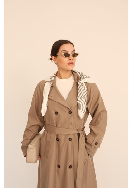 Kadın Vizon Fular Detaylı Kuşaklı Uzun Trençkot indirimleri