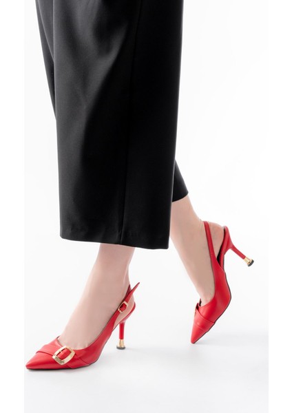 İNF-1151 Kırmızı Günlük Arkası Açık Topuklu Bayan Ayakkabı