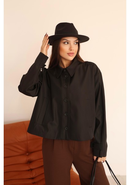 Kadın Siyah Kısa Oversize Trençkot