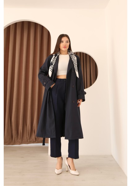 Kadın Lacivert Fular Detaylı Kuşaklı Uzun Trençkot
