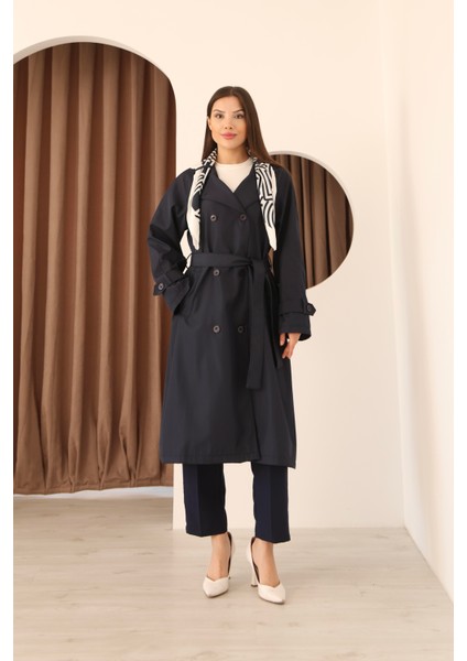 Kadın Lacivert Fular Detaylı Kuşaklı Uzun Trençkot fiyatları