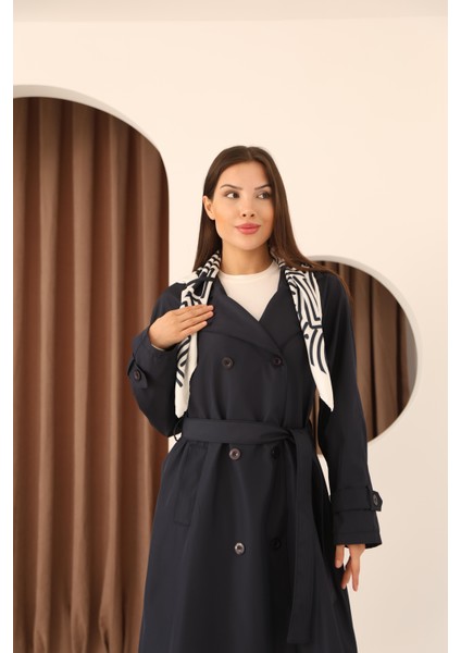 Kadın Lacivert Fular Detaylı Kuşaklı Uzun Trençkot indirimleri