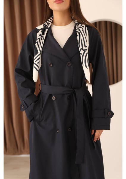Kadın Lacivert Fular Detaylı Kuşaklı Uzun Trençkot