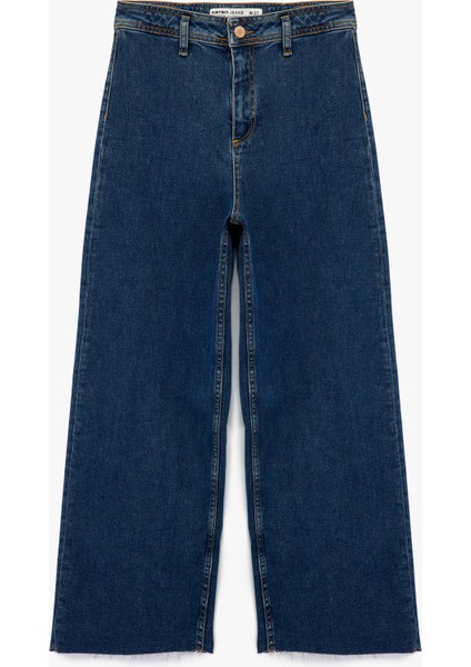 Yüksek Bel Düğmeli Geniş Kısa Paça Jean Pantolon - Culotte Jeans