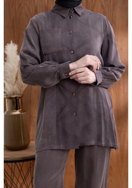 Cebi Taş Detaylı Önü Düğmeli Pantolonlu Takım - Kahve fırsatları