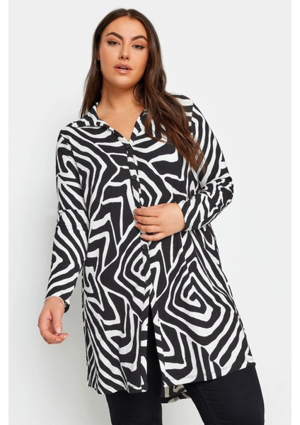 Büyük Beden Soyut Desenli Uzun Kesim Uzun Kollu Gömlek 302995