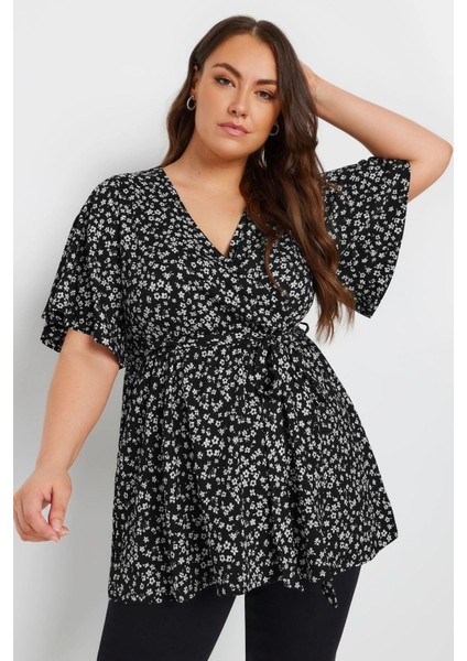 Büyük Beden V Yaka Bağlama Detaylı Desenli Kruvaze Bluz 321936
