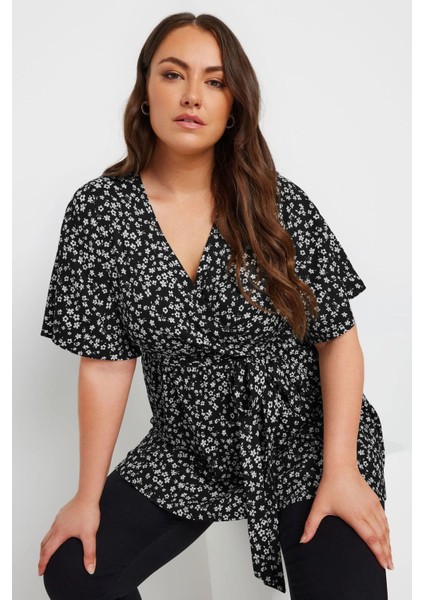 Büyük Beden V Yaka Bağlama Detaylı Desenli Kruvaze Bluz 321936 indirimleri