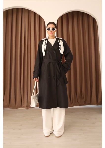 Kadın Siyah Fular Detaylı Kuşaklı Uzun Trençkot fiyatları
