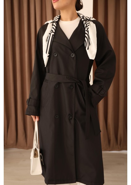 Kadın Siyah Fular Detaylı Kuşaklı Uzun Trençkot indirimleri