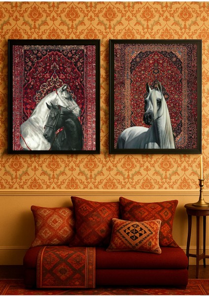 Anadolu Motifli 2 Adet At | Etnik Dekoratif Modern Tasarım | Siyah Ahşap Çerçeveli Duvar Tablosu